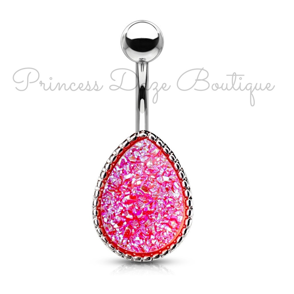 Pink‎ Druzy Stone Teardrop Belly Button Ring
